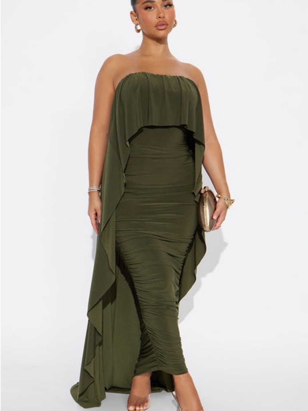 Strapless Olive Green Ruffle Draped Maxi Dress